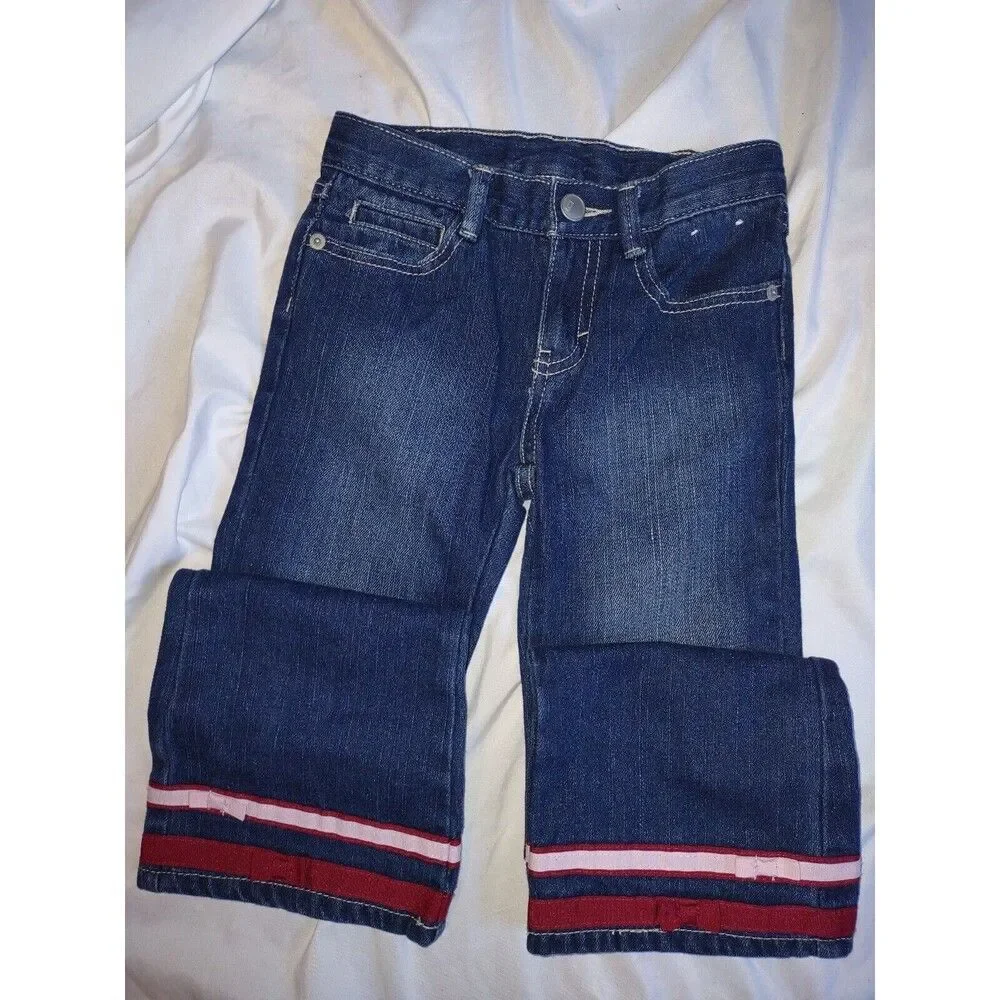 EUC Sz 6 Girls Gymboree Denim Jeans W/Stripes & Bows Adjustable Waist